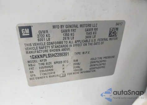 2017 GMC Acadia Denali z USA, uszkodzony, nr VIN 1GKKNPLS5HZ286391